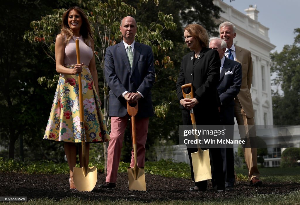 First Lady Melania Trump Plants A Sapling Of The Eisenhower Oak On South Lawn Of White House