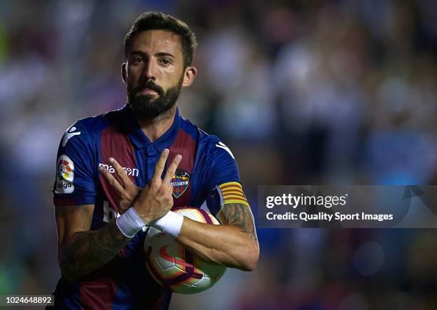 Morales of Levante celebrates a goal during the La Liga match between Levante UD and RC Celta de Vigo at Ciutat de Valencia on August 27, 2018 in...