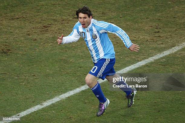 Lionel Messi of Argentina celebrates a goal during the 2010 FIFA World Cup South Africa Round of Sixteen match between Argentina and Mexico at Soccer...