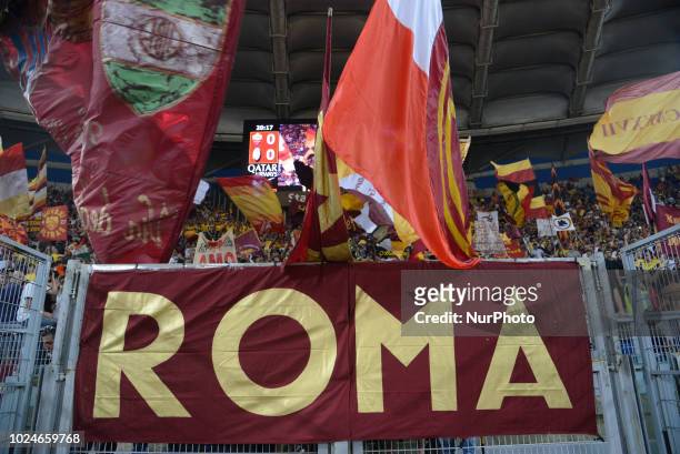 Roma supporters during the Italian Serie A football match between A.S. Roma and Atalanta at the Olympic Stadium in Rome, on august 27, 2018.