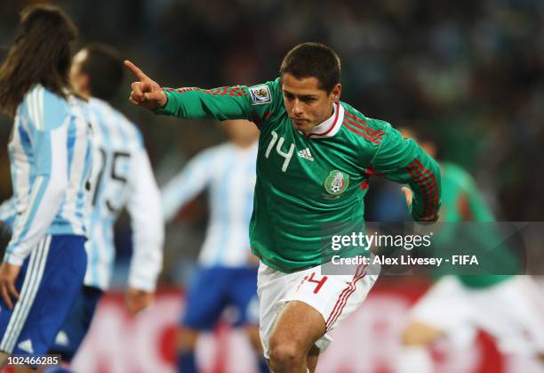 Javier Hernandez of Mexico celebrates scoring during the 2010 FIFA World Cup South Africa Round of Sixteen match between Argentina and Mexico at...