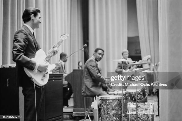 American R&B/funk band Booker T. & the M.G.'s make a surprise appearance at Hunter College, New York City, 21st January 1967. From left to right,...