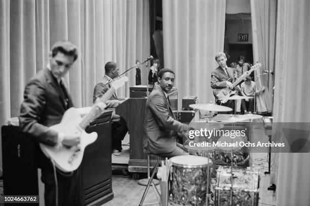 American R&B/funk band Booker T. & the M.G.'s make a surprise appearance at Hunter College, New York City, 21st January 1967. From left to right,...