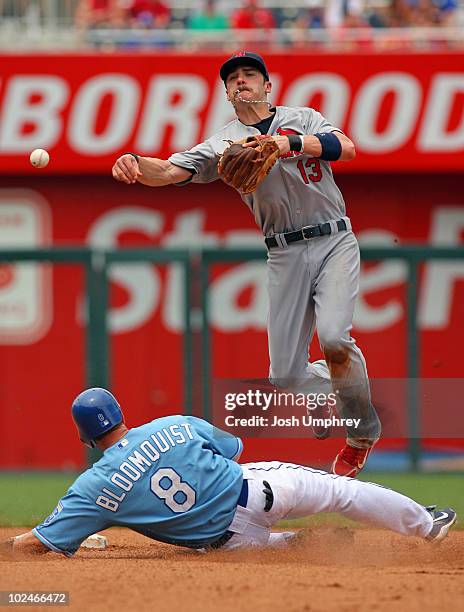 Shortstop Brendan Ryan of the St. Louis Cardinals throws to first base in a game against the Kansas City Royals on June 27, 2010 at Kauffman Stadium...