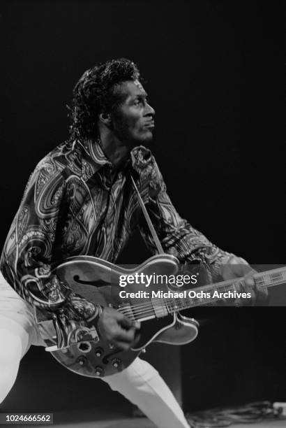 American musician Chuck Berry performs in Richard Nader's original Rock & Roll Revival concert at Madison Square Garden in New York City, 15th...