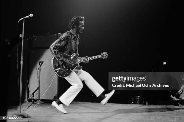 American musician Chuck Berry performs in Richard Nader's original Rock & Roll Revival concert at Madison Square Garden in New York City, 15th...