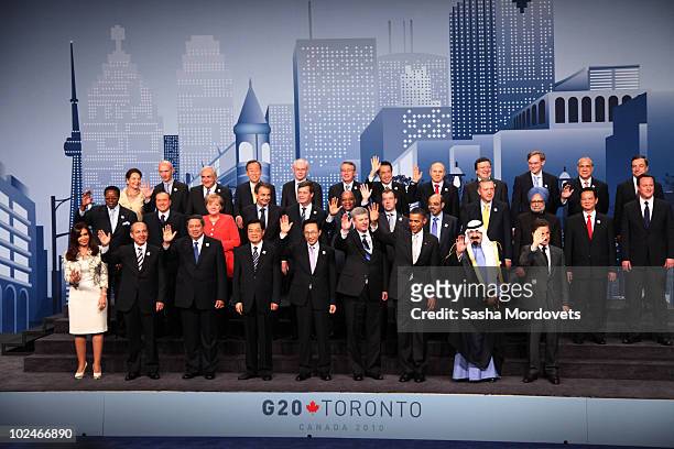 World leaders pose for a group photo during the G20 summit June 27, 2010 in Toronto, Ontario, Canada. The leaders in attendance include U.S....