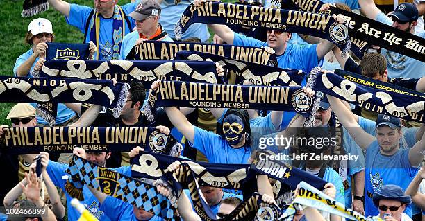 Fans of the Philadelphia Union line up to enter PPL Park before a match against the Seattle Sounders FC at the PPL Park stadium opener on June 27,...