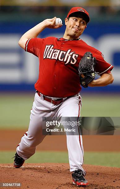 Pitcher Rodrigo Lopez of the Arizona Diamondbacks pitches against the Tampa Bay Rays during the game at Tropicana Field on June 27, 2010 in St....