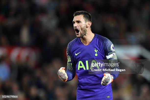 Hugo Lloris of Tottenham Hotspur celebrates during the Premier League match between Manchester United and Tottenham Hotspur at Old Trafford on August...