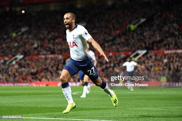 Lucas Moura of Tottenham Hotspur celebrates after scoring his team's second goal during the Premier League match between Manchester United and...