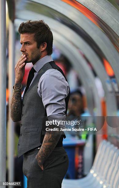 David Beckham of England looks on prior to the 2010 FIFA World Cup South Africa Round of Sixteen match between Germany and England at Free State...