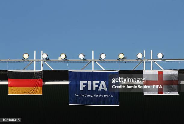 General view of flags at the stadium prior to the 2010 FIFA World Cup South Africa Round of Sixteen match between Germany and England at Free State...