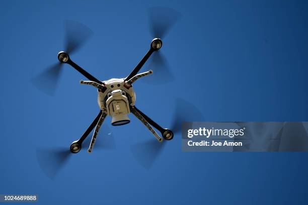 Drew Jurkofsky, a police officer in Fort Collins that also does flight work flying the Aeryon SkyRanger R60 during a demonstration for Colorado law...