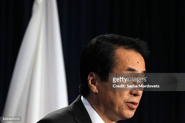 Japanese Prime Minister Naoto Kan speaks during his press conference at the G20 Summit on June 27, 2010 in Toronto,Canada. Prime Minister Kan spoke...