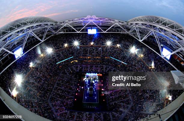 General view of Arthur Ashe Stadium during the opening night performance by singer-songwriter Kelly Clarkson on Day One of the 2018 US Open at the...