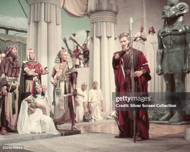 Actor Charlton Heston as Moses faces Yul Brynner as Pharaoh Rameses II in a scene from the biblical epic 'The Ten Commandments', 1956.