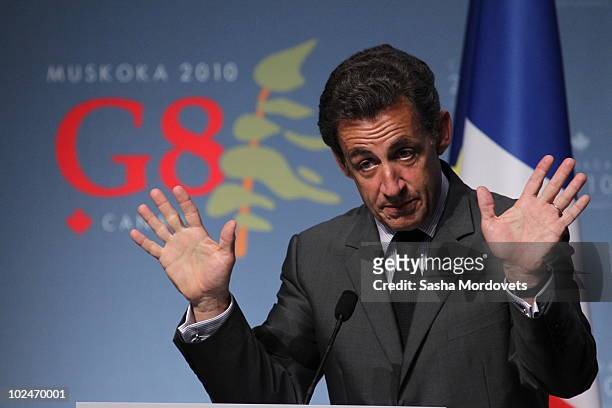 French President Nicolas Sarkozy speaks during his press conference at the G20 Summit on June 27, 2010 in Toronto,Canada. According to news reports...