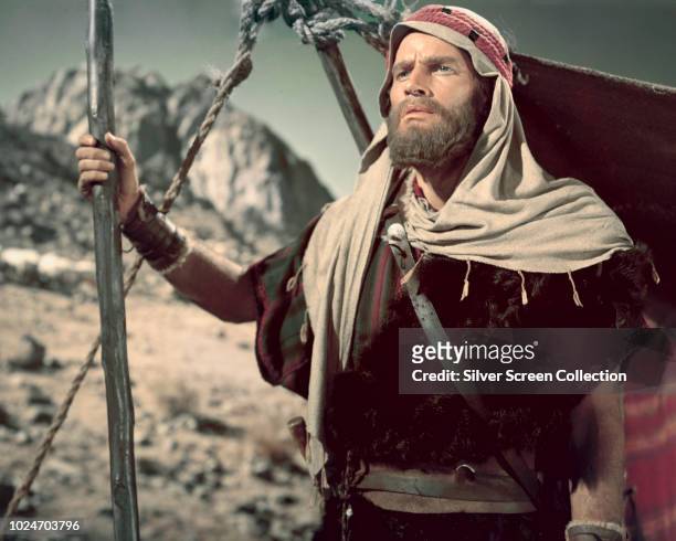 American actor Charlton Heston as Moses in a scene from the biblical epic 'The Ten Commandments', 1956.