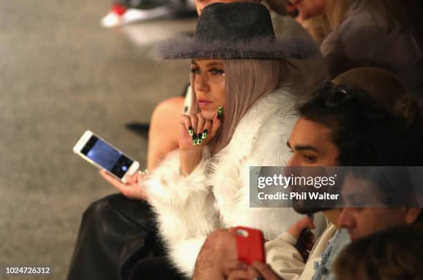 Model Imogen Anthony watches on during the New Generation Emerging Couture show during New Zealand Fashion Week 2018 at Viaduct Events Centre on...