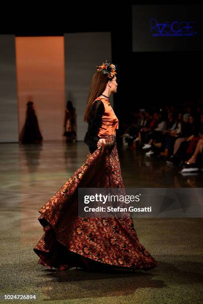 Model walks the runway in a design by Ruscoe during the New Generation Emerging Couture show during New Zealand Fashion Week 2018 at Viaduct Events...