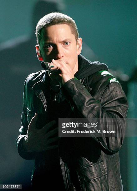 Rapper Eminem performs onstage during the 2010 BET Awards held at the Shrine Auditorium on June 27, 2010 in Los Angeles, California.
