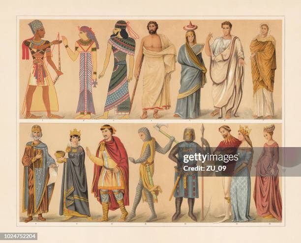 antique and medieval costumes, chromolithograph, published in 1897 - circa 14th century stock illustrations