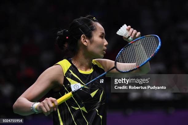 Tai Tzuying of Chinese Taipei competes against Pusarla V. Sindhu of India during Women's Singles Final match on day ten of the Asian Games on August...