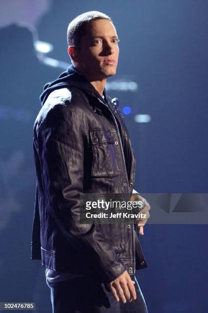 Eminem onstage during the 2010 BET Awards held at the Shrine Auditorium on June 27, 2010 in Los Angeles, California.