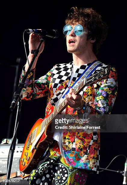 Andrew VanWyngarden of MGMT performs on the Other stage on Day 4 of the Glastonbury Festival at Worthy Farm on June 27, 2010 in Glastonbury, England.