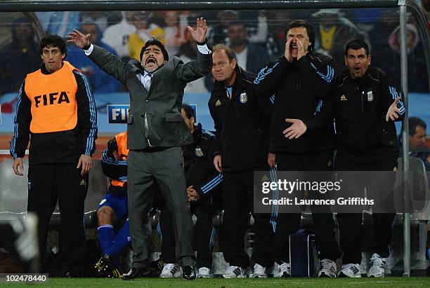 Diego Maradona head coach of Argentina shouts instructions to his players during the 2010 FIFA World Cup South Africa Round of Sixteen match between...