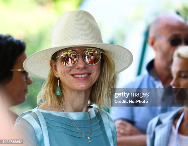 Actress Naomi Watts is seen arriving at the 75th Venice Film Festival at Darsena Excelsior on August 28, 2018 in Venice, Italy.