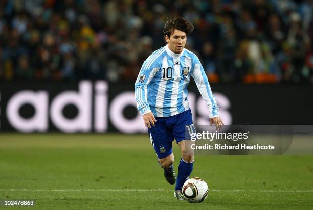 Lionel Messi of Argentina in action during the 2010 FIFA World Cup South Africa Round of Sixteen match between Argentina and Mexico at Soccer City...