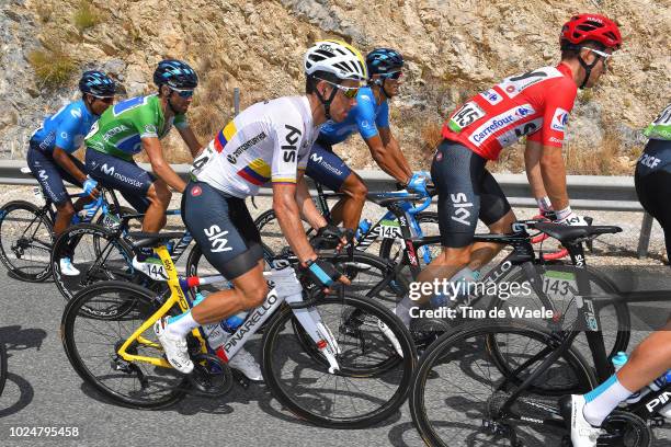 Michal Kwiatkowski of Poland and Team Sky Red Leader Jersey / Sergio Luis Henao Montoya of Colombia and Team Sky / Alejandro Valverde of Spain and...