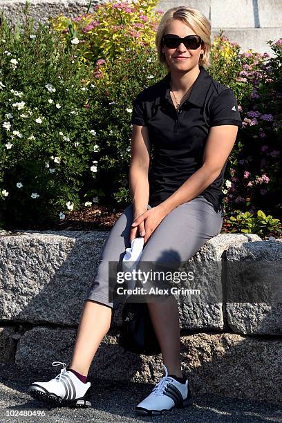 German biathlete Magdalena Neuner rests upon her arrival at the TaylorMade-adidas Golf Pro-Am tournament on June 28, 2010 in Herzogenaurach, Germany.