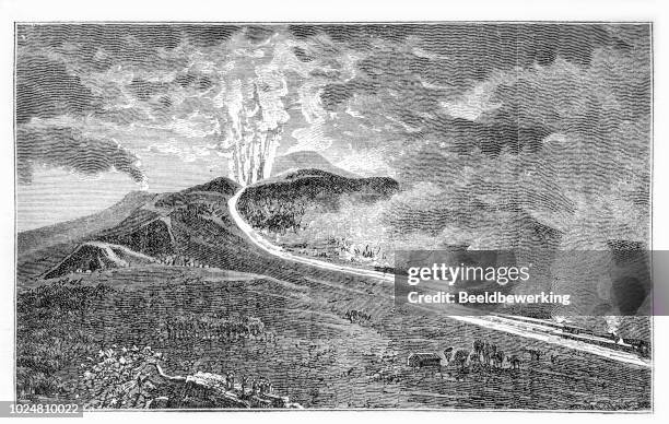 active vulcano with long lava stream - volcano eruption stock illustrations