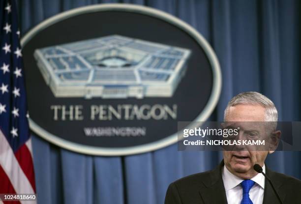 Defense Secretary Jim Mattis holds a press conference at the Pentagon in Washington, DC, on August 28, 2018.