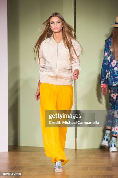 Model walks the runway at the By Malina show during Stockholm Runway SS19 at Grand Hotel on August 28, 2018 in Stockholm, Sweden.