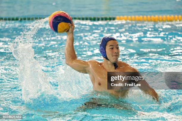 Yusuke Inaba of Japan in action during Water Polo Men's Tournament Group B match between Hong Kong and Japan on day ten of the Asian Games on August...