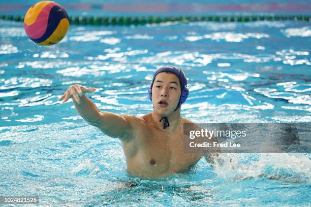 Yusuke Inaba of Japan in action during Water Polo Men's Tournament Group B match between Hong Kong and Japan on day ten of the Asian Games on August...