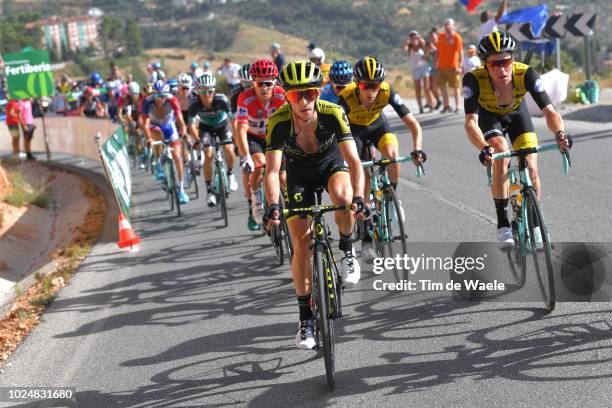 Simon Yates of Great Britain and Team Mitchelton-Scott / Michal Kwiatkowski of Poland and Team Sky Red Leader Jersey / Steven Kruijswijk of The...