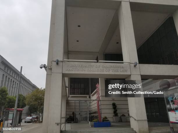 Facade with logo for University of California Hastings College of the Law, a law school in the Civic Center neighborhood of San Francisco,...