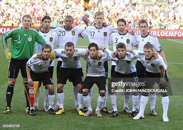 This file picture taken on June 27, 2010 at Free State stadium in Mangaung/Bloemfontein shows the German football squad posing prior the round of 16...