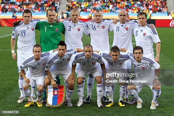 The Slovakia team line up for a group photo prior to the 2010 FIFA World Cup South Africa Round of Sixteen match between Netherlands and Slovakia at...