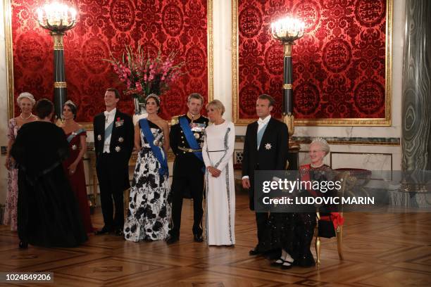 Queen Margrethe II of Denmark, French President Emmanuel Macron and his wife Brigitte, Prince Joachim and Princess Marie of Denmark and Princess...