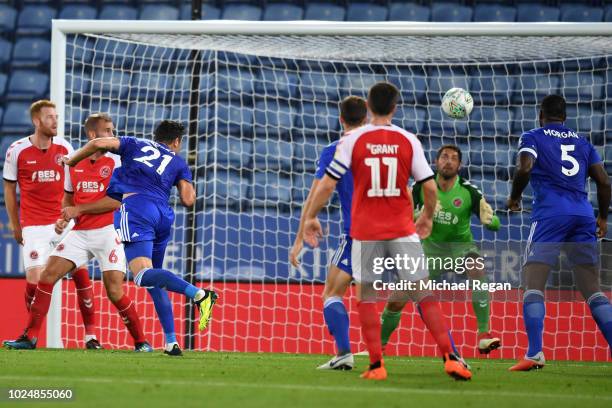 Vicente Iborra of Leicester City scores his team's second goal during the Carabao Cup Second Round match between Leicester City and Fleetwood Town at...