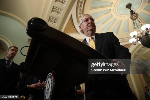 Senate Majority Leader Mitch McConnell answers questions following the weekly Republican policy luncheon at the U.S. Capitol on August 28, 2018 in...