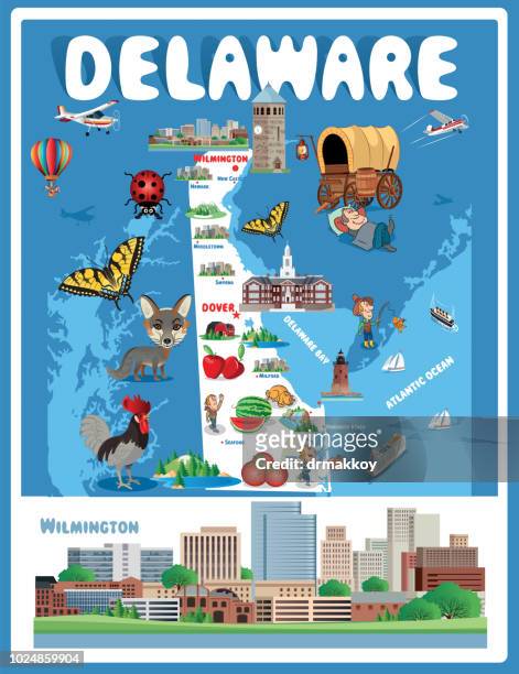 cartoon-karte von delaware - wilmington delaware stock-grafiken, -clipart, -cartoons und -symbole
