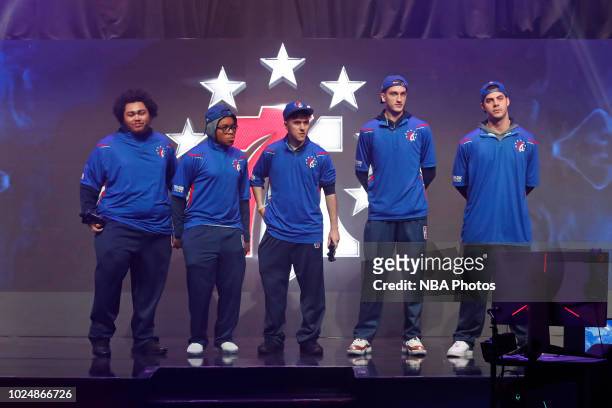 76ers Gaming Club players are introduced before the game against Heat Check Gaming during the Semifinals of the NBA 2K League Playoffs on August 18,...