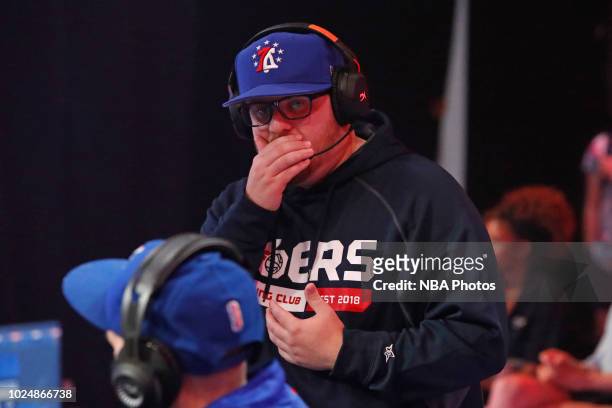 Head Coach Jeff Terrell of 76ers Gaming Club coaches against Heat Check Gaming during the Semifinals of the NBA 2K League Playoffs on August 18, 2018...